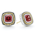 Rhodolite garnet gemstone stud earrings surrounded by sterling silver and 18K gold Caviar beading.