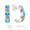 Swiss blue topaz gemstone hoop earrings surrounded by sterling silver and 18K gold Caviar beading.