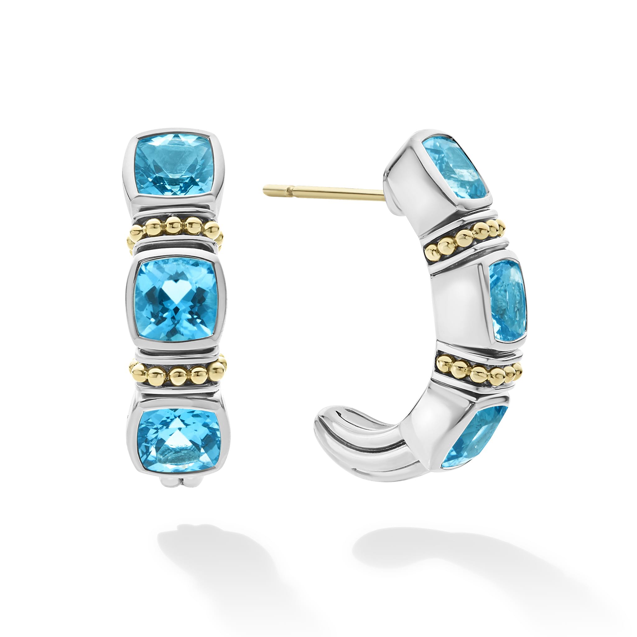 Rittenhouse Swiss Blue Topaz Hoop Earrings featuring vibrant gemstones set in sterling silver with 18K gold bead accents, showcasing elegant craftsmanship.