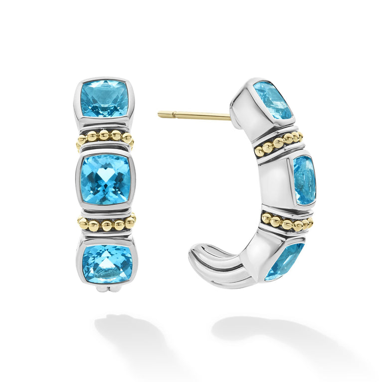 Rittenhouse Swiss Blue Topaz Hoop Earrings featuring vibrant gemstones set in sterling silver with 18K gold bead accents, showcasing elegant craftsmanship.