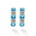 Rittenhouse Swiss Blue Topaz Hoop Earrings featuring three cushion-cut stones in sterling silver with 18K gold Caviar beading, exemplifying LAGOS' elegance and craftsmanship.