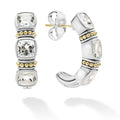 White topaz gemstone hoop earrings surrounded by sterling silver and 18k gold Caviar beading.