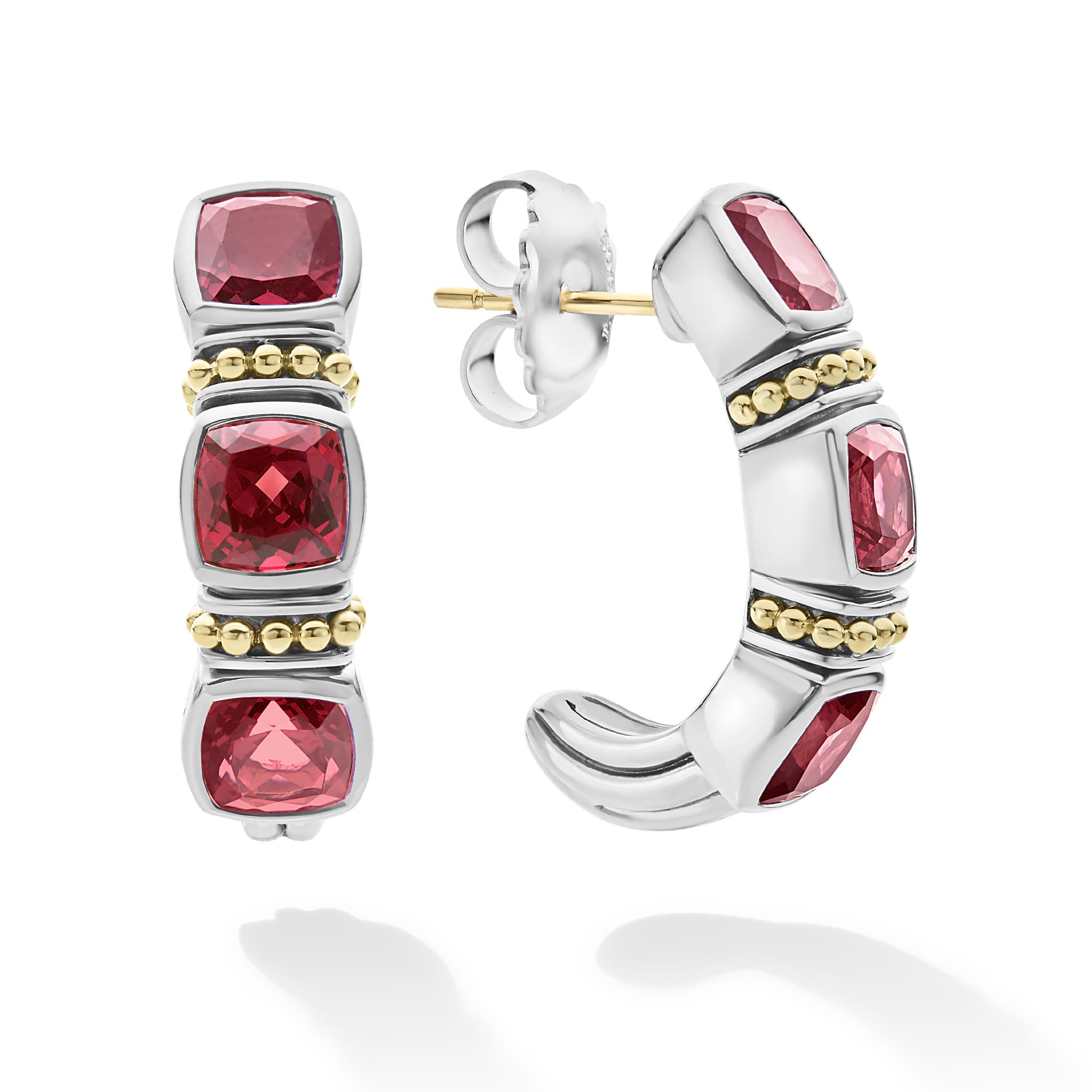 Rhodolite garnet gemstone hoop earrings surrounded by sterling silver and 18K gold Caviar beading.