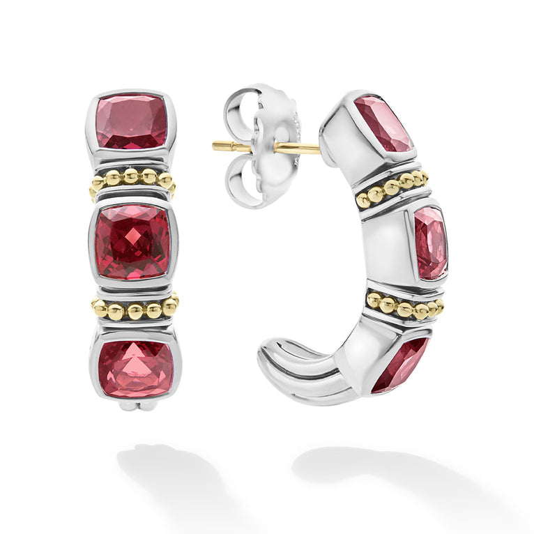Rhodolite garnet gemstone hoop earrings surrounded by sterling silver and 18K gold Caviar beading.