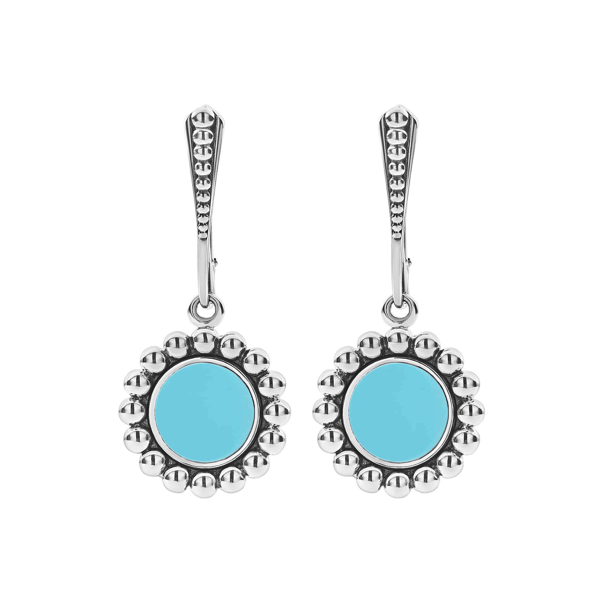 Maya Small Ceramic Circle Drop Earrings with turquoise stones in sterling silver bezels, surrounded by Caviar beading, and secured with lever back closures.