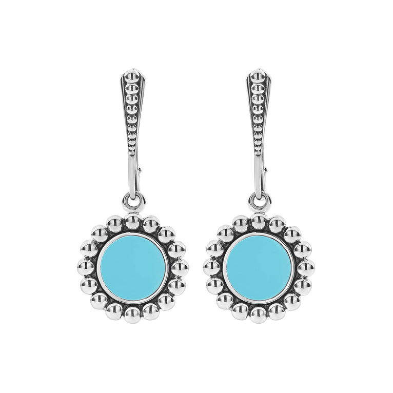 Maya Small Ceramic Circle Drop Earrings with turquoise stones in sterling silver bezels, surrounded by Caviar beading, and secured with lever back closures.