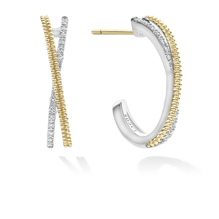 Diamonds, 18K gold Caviar beading and sterling silver form these classic X-motif hoop earrings. LAGOS diamonds are the highest quality natural stones.