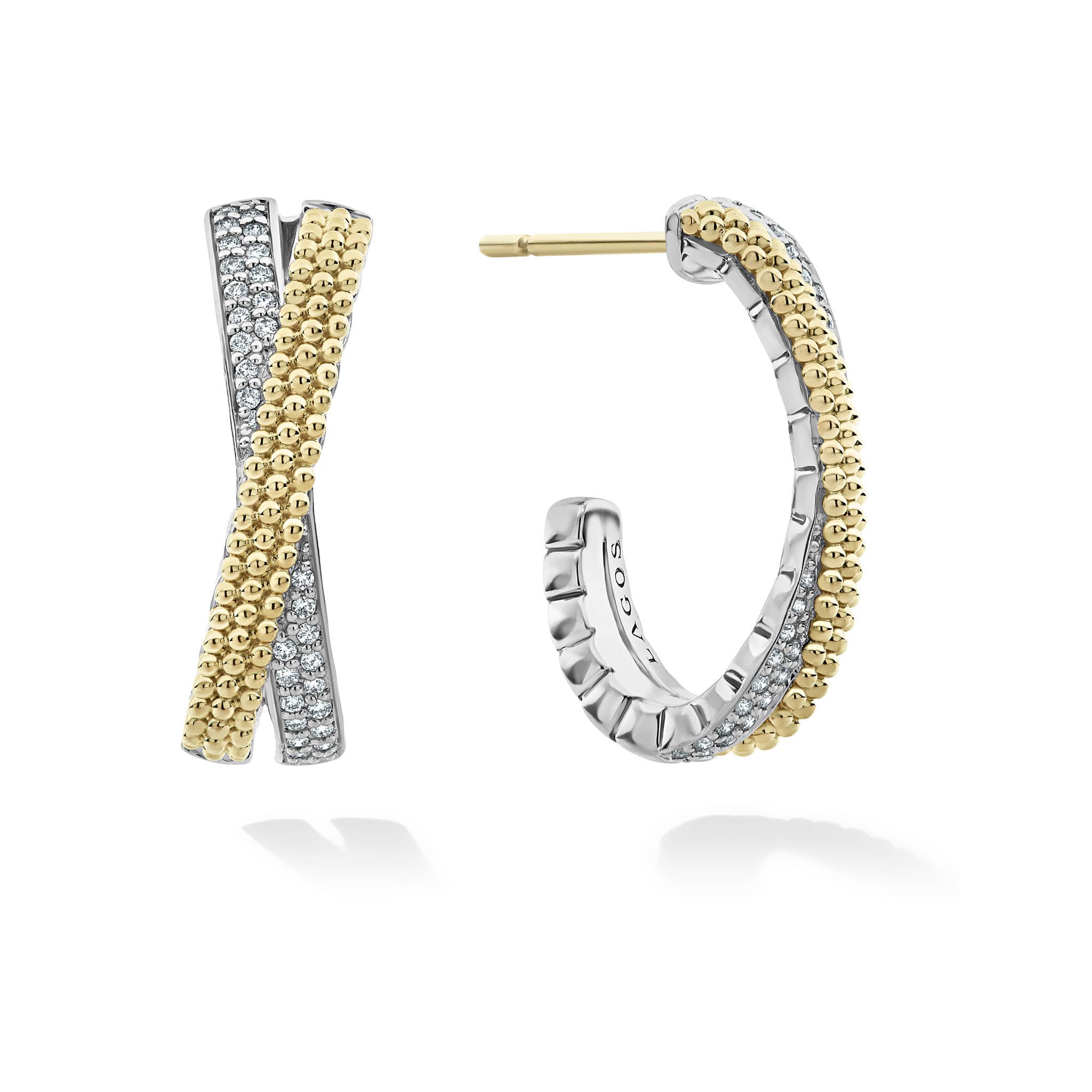 Diamonds, 18K gold Caviar beading and sterling silver form these classic X-motif hoop earrings. LAGOS diamonds are the highest quality natural stones.