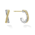 Diamonds, 18K gold Caviar beading and sterling silver form these delightful X-motif hoop earrings. LAGOS diamonds are the highest quality natural stones.