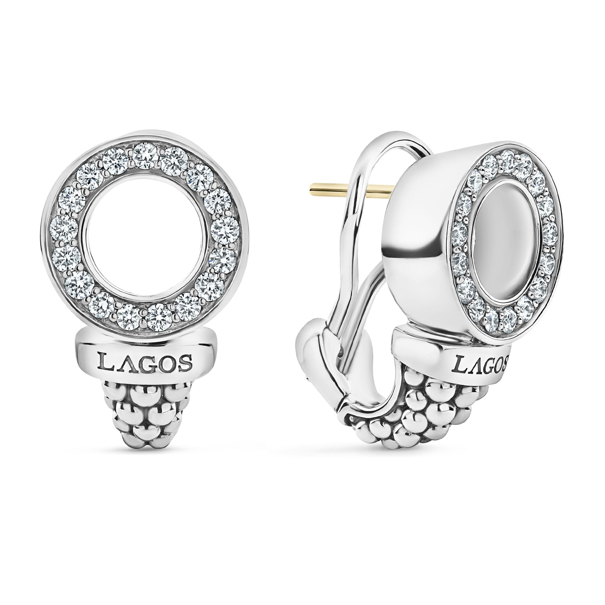 Diamond circle Caviar beaded earrings finished with an omega back. LAGOS diamonds are the highest quality natural stones.