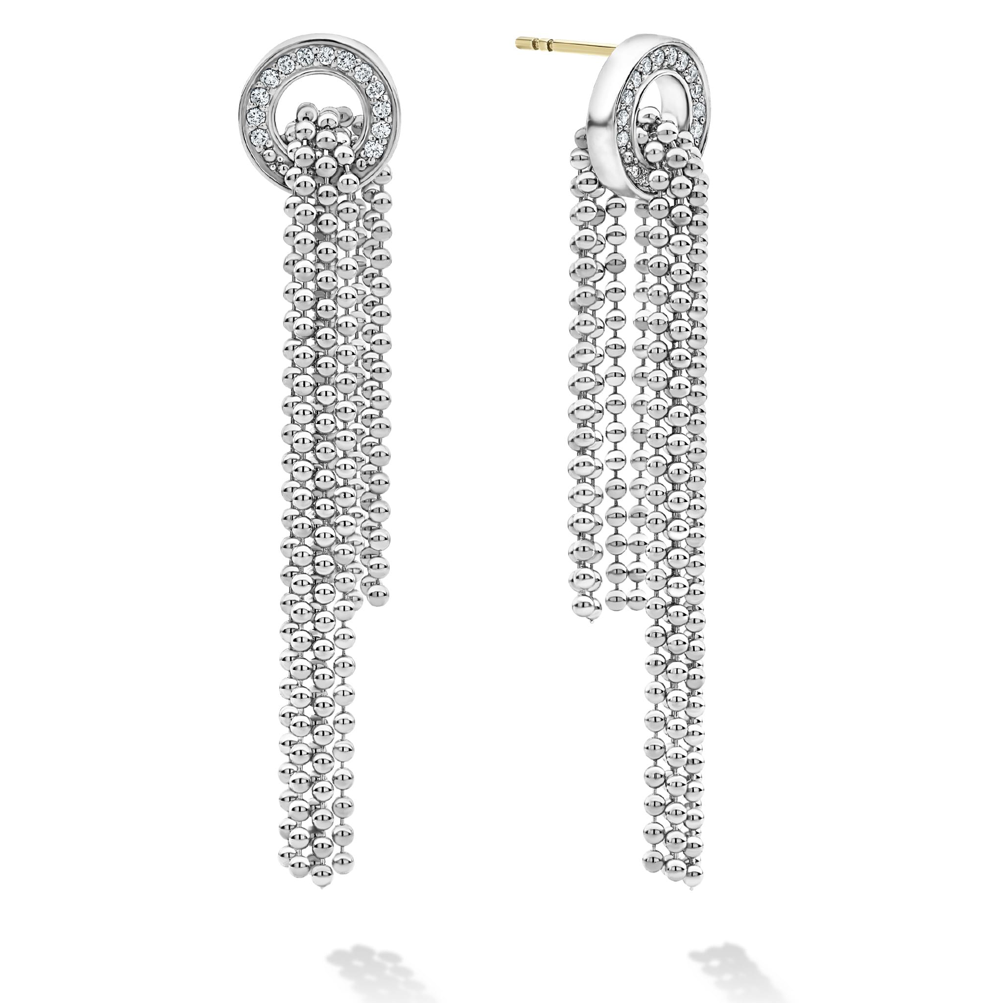 A diamond circle and cascading caviar beading form this set of earrings. LAGOS diamonds are the highest quality natural stones.