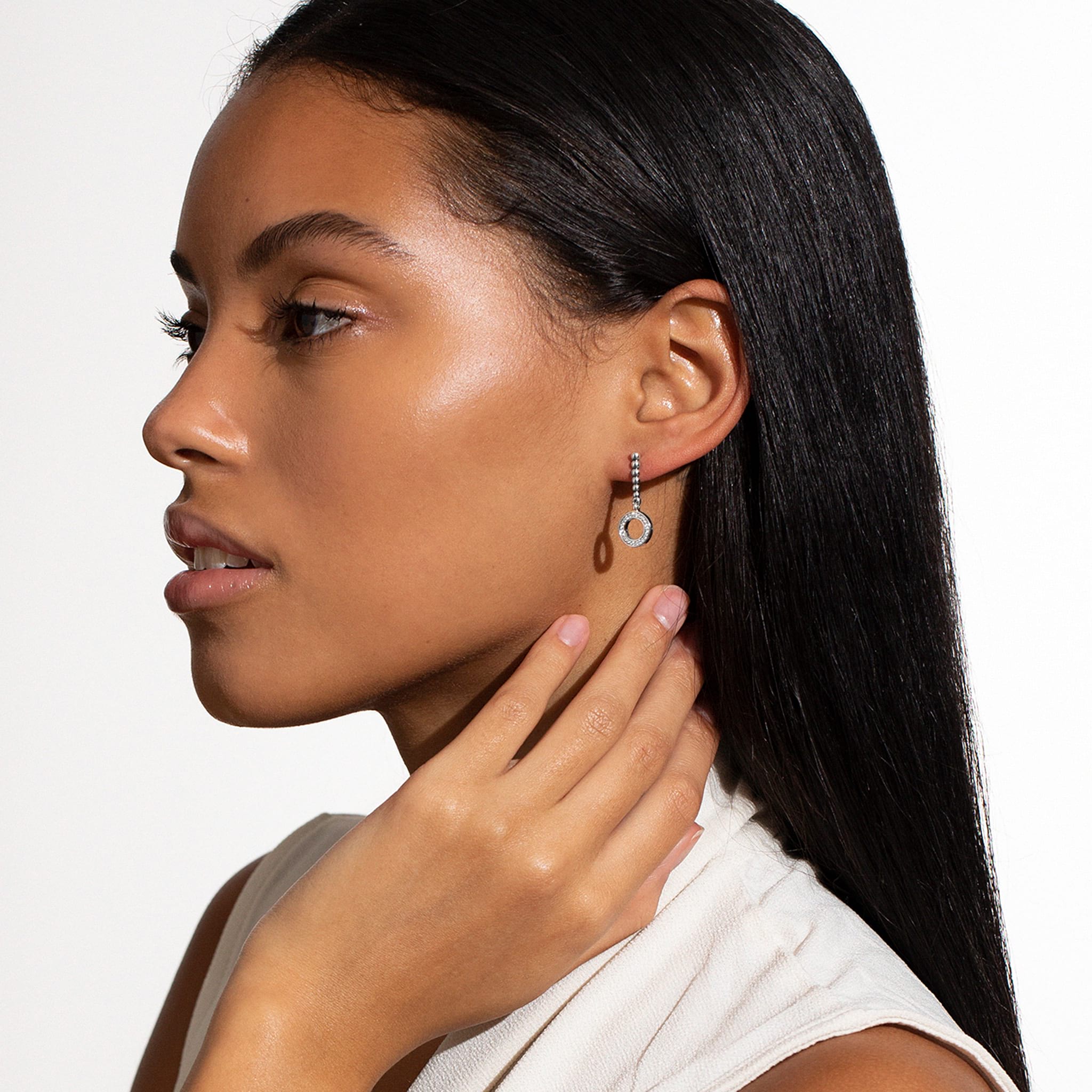 Woman wearing Circle Diamond Drop Earrings
