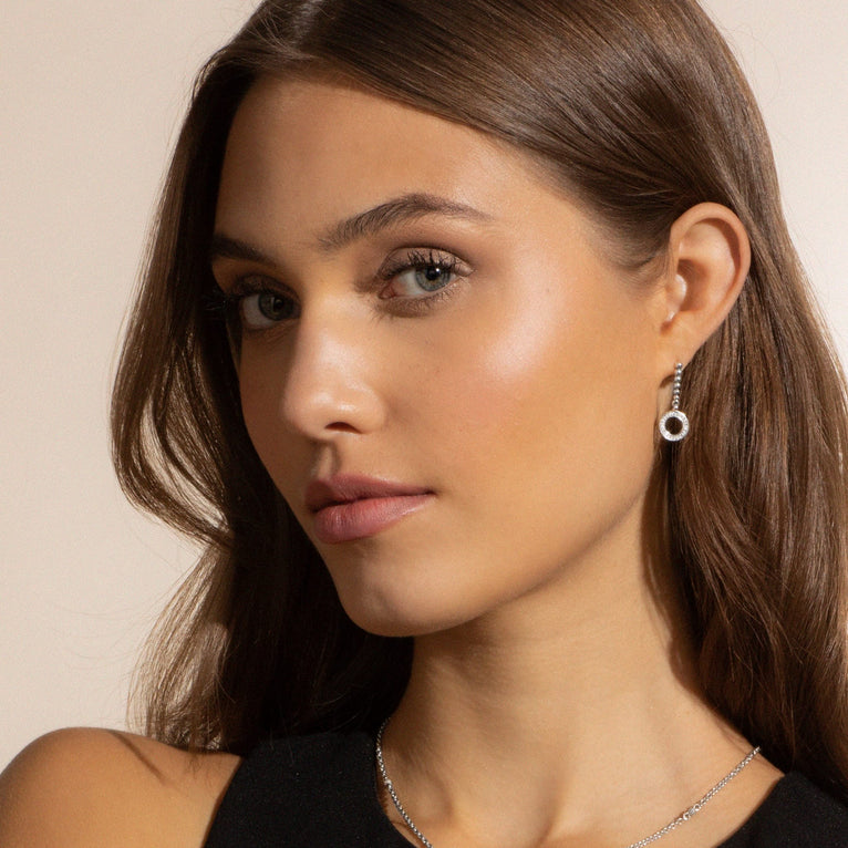 Model wearing Circle Diamond Drop Earrings