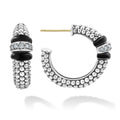 Black ceramic and a diamond station highlight these sterling silver Caviar beaded hoop earrings. LAGOS diamonds are the highest quality natural stones.