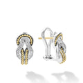 Diamonds and 18K gold woven in a knot motif form these unique Newport omega clip earrings. LAGOS diamonds are the highest quality natural stones.
