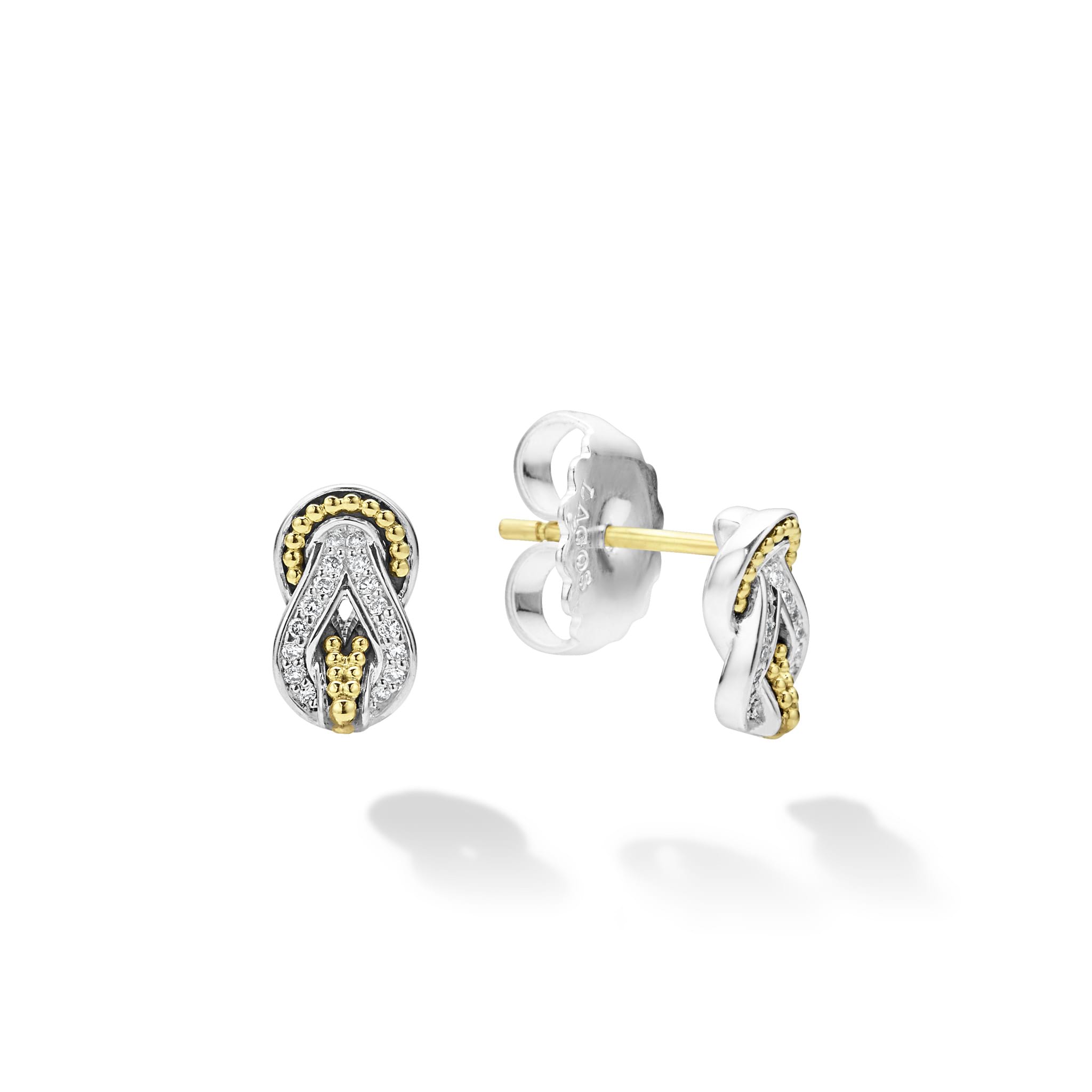 Diamonds and 18K gold woven in a knot motif form these unique Newport stud earrings. LAGOS diamonds are the highest quality natural stones.