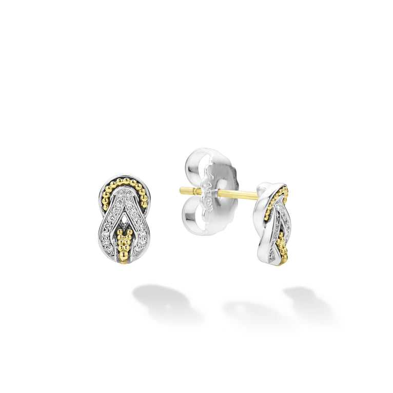 Diamonds and 18K gold woven in a knot motif form these unique Newport stud earrings. LAGOS diamonds are the highest quality natural stones.