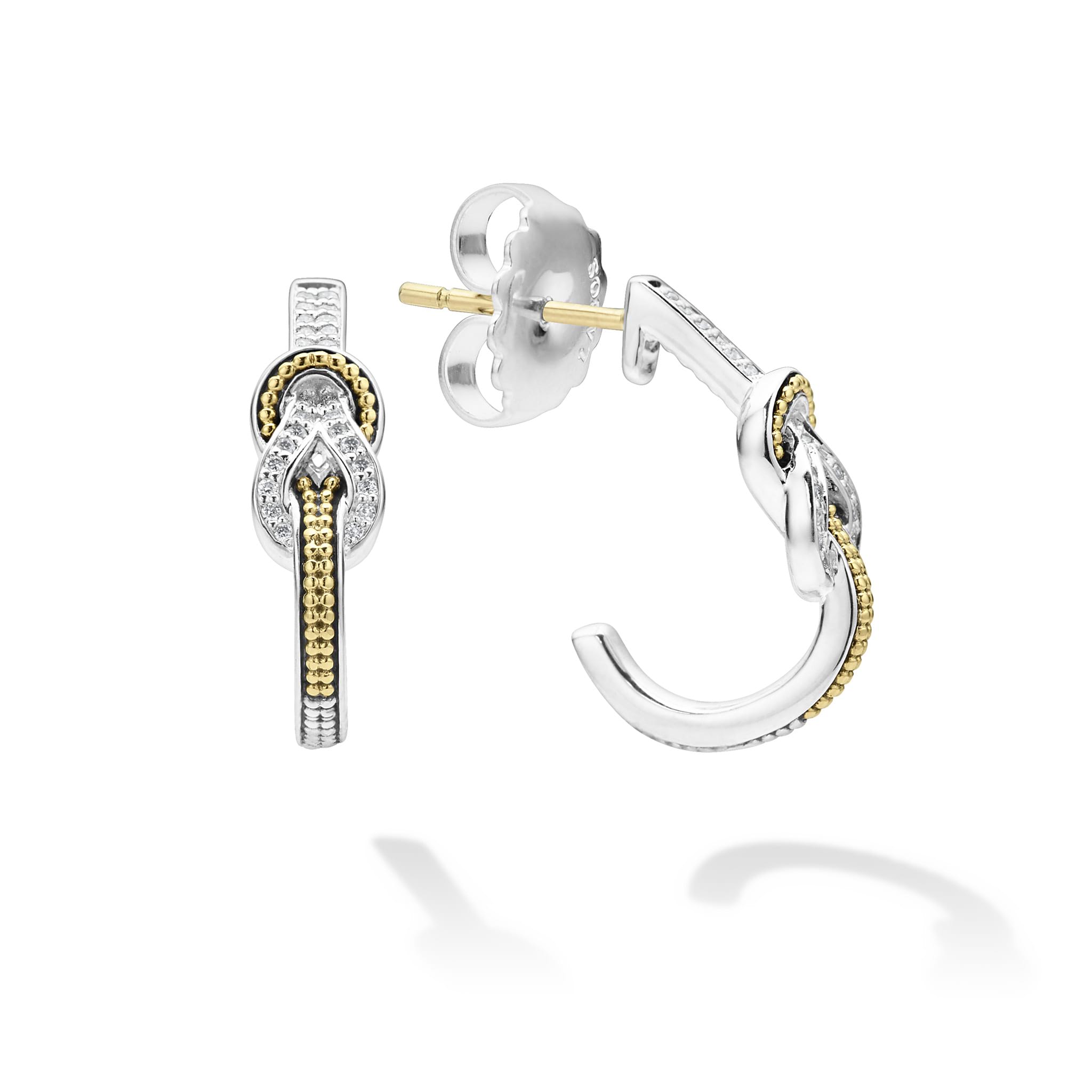 Diamonds and 18K gold woven in a knot motif form these unique Newport half hoop earrings. LAGOS diamonds are the highest quality natural stones.