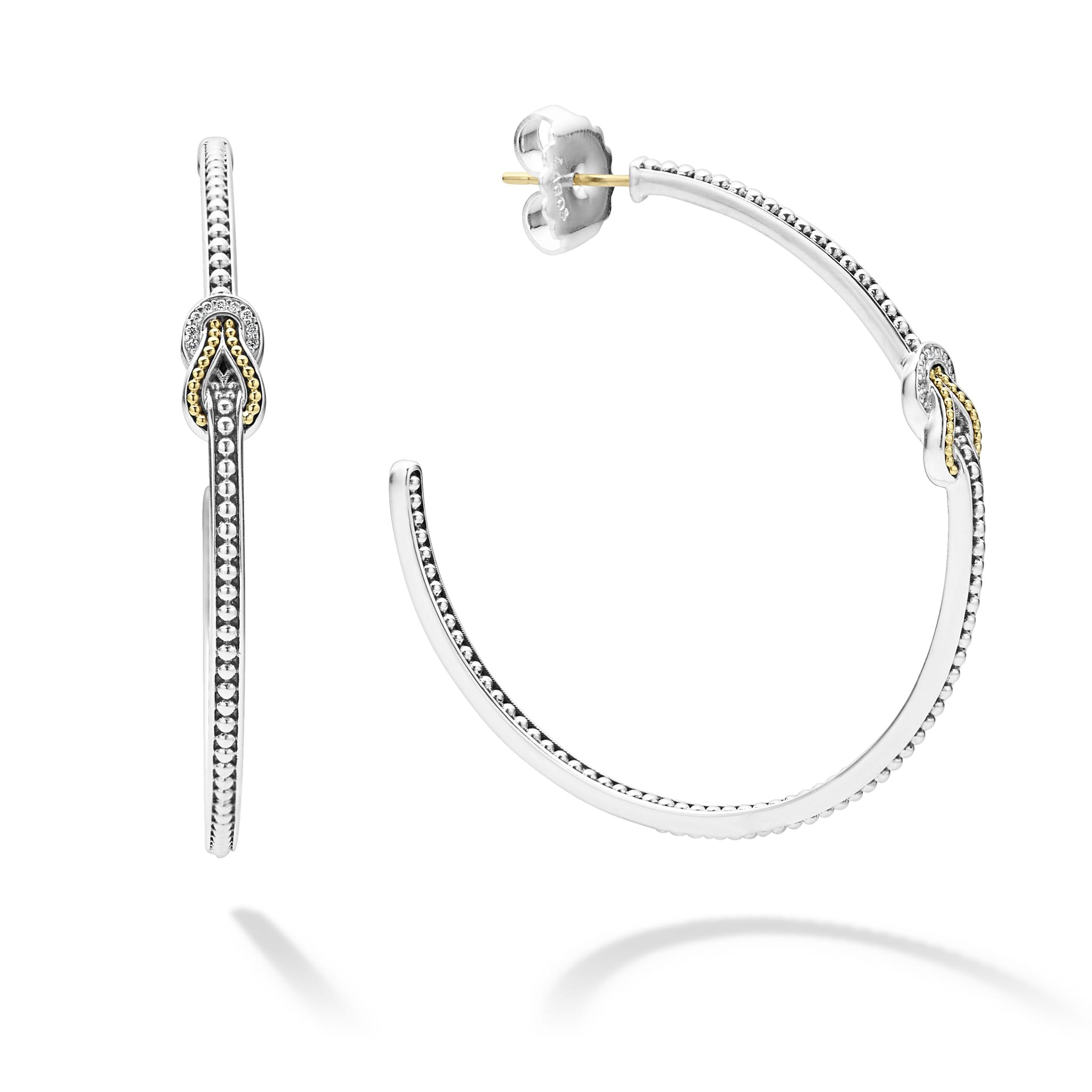 Diamonds and 18K gold woven in a knot motif form these unique Newport Caviar beaded hoop earrings. LAGOS diamonds are the highest quality natural stones.