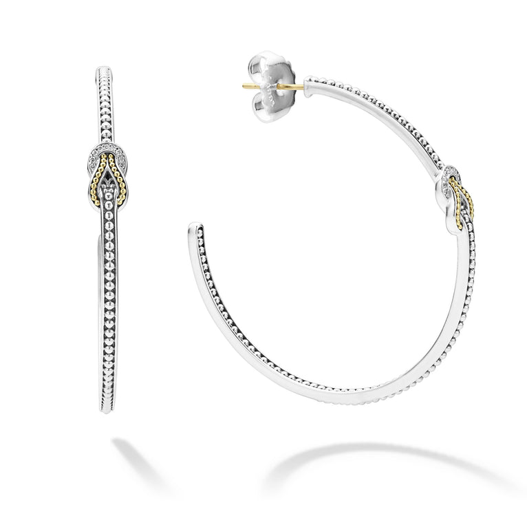 Diamonds and 18K gold woven in a knot motif form these unique Newport Caviar beaded hoop earrings. LAGOS diamonds are the highest quality natural stones.