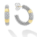 Diamond hoop earrings with smooth 18K gold and classic sterling silver Caviar beading. LAGOS diamonds are the highest quality natural stones.