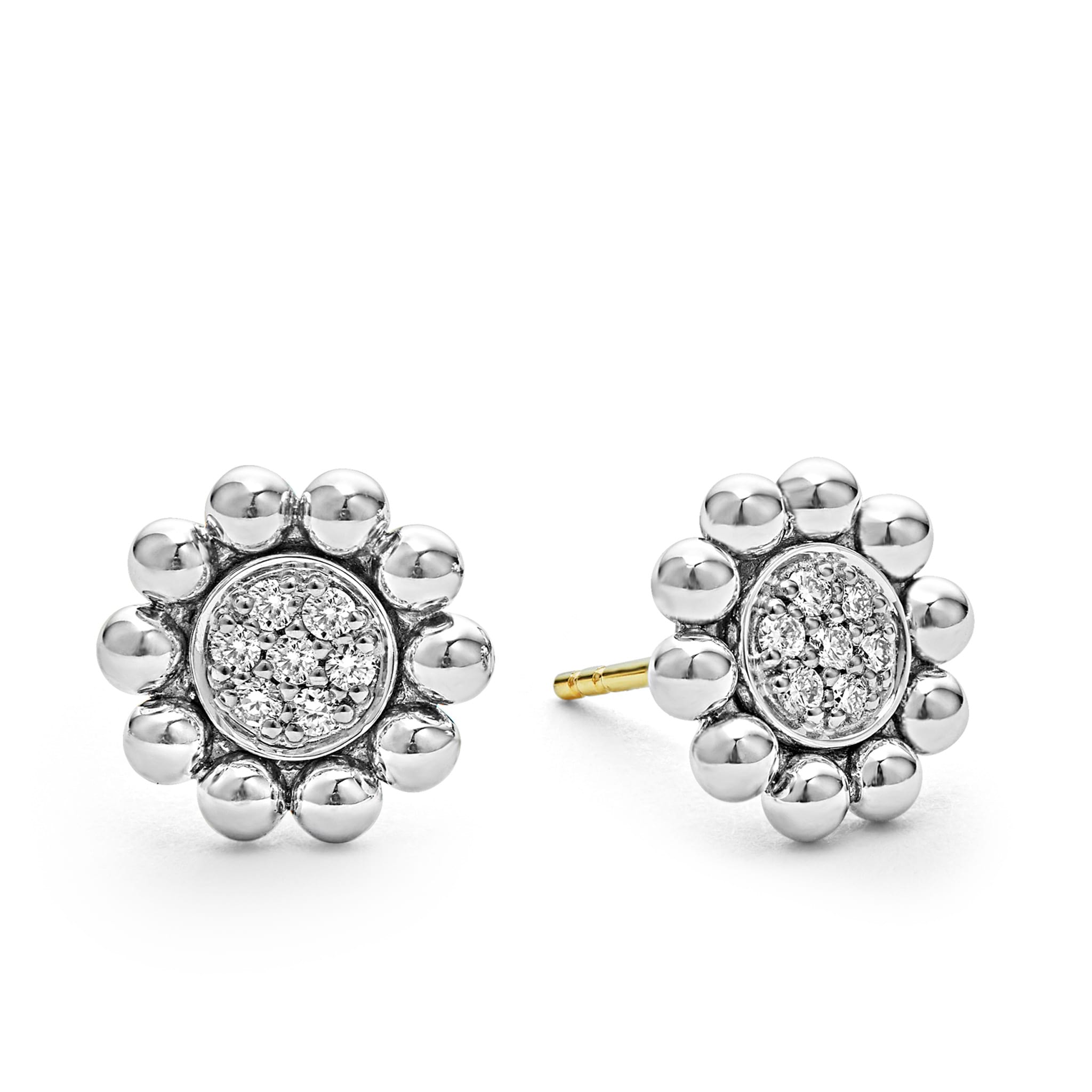 A LAGOS exclusive. Pavé diamond stud earrings framed by sterling silver Caviar beading. LAGOS diamonds are the highest quality natural stones.
