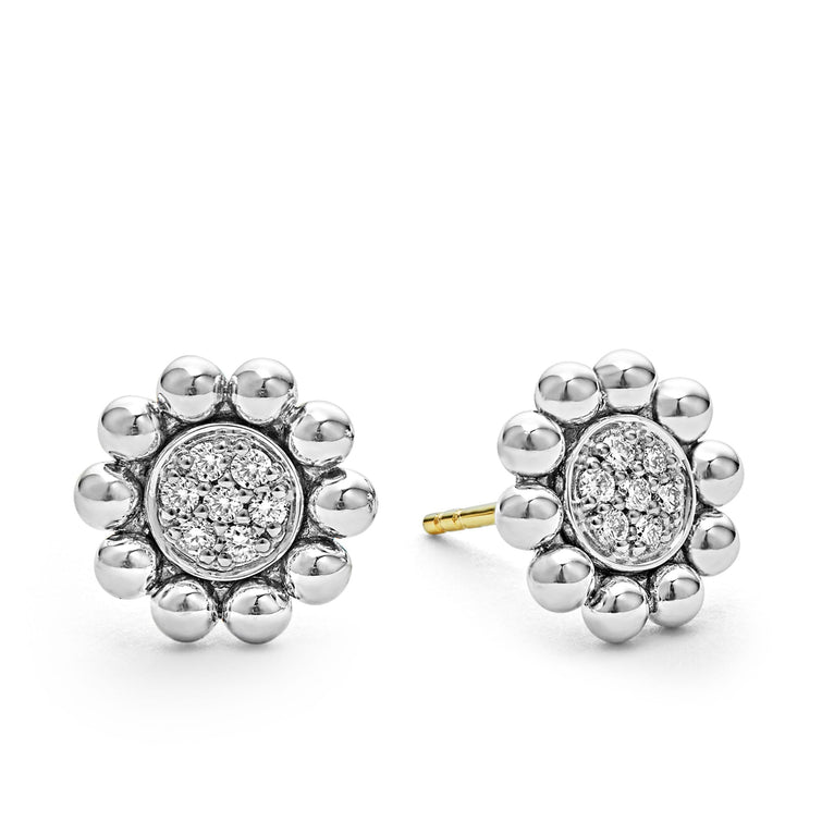 A LAGOS exclusive. Pavé diamond stud earrings framed by sterling silver Caviar beading. LAGOS diamonds are the highest quality natural stones.