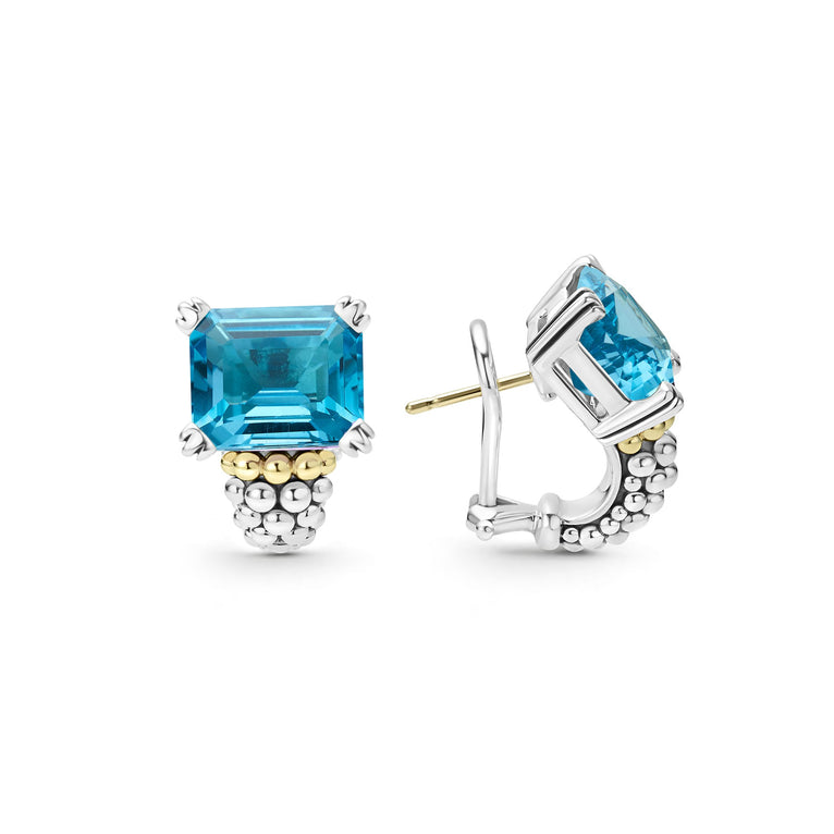 Swiss blue topaz emerald-cut gemstone earring with a prong setting in sterling silver and 18K gold Caviar beading.