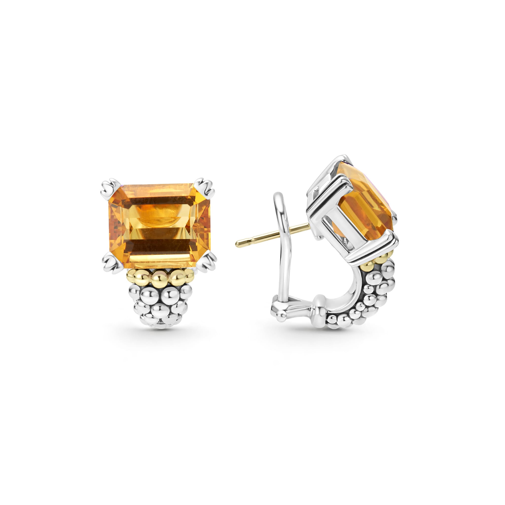 Citrine emerald-cut gemstone earring with a prong setting in sterling silver and 18K gold Caviar beading.