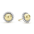 Round 18K gold stud earrings surrounded by sterling silver Caviar beading.