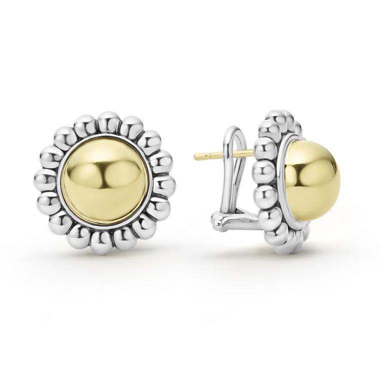 Round 18K gold earrings surrounded by sterling silver Caviar beading.