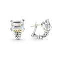 White topaz emerald-cut gemstone earring with a prong setting in sterling silver and 18K gold Caviar beading.