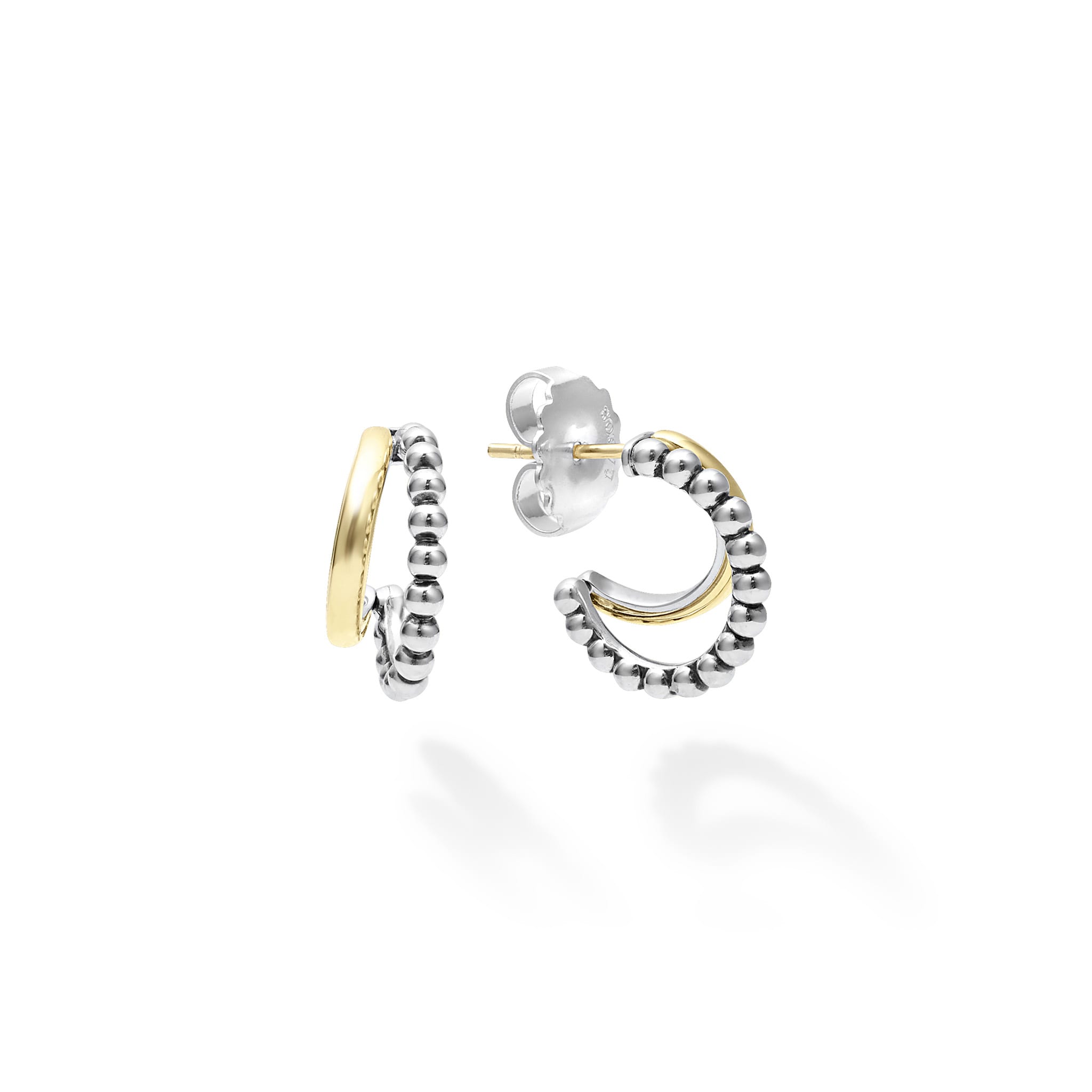 Smooth 18K gold and Caviar beaded sterling silver forms these beautiful double mini hoop earrings.