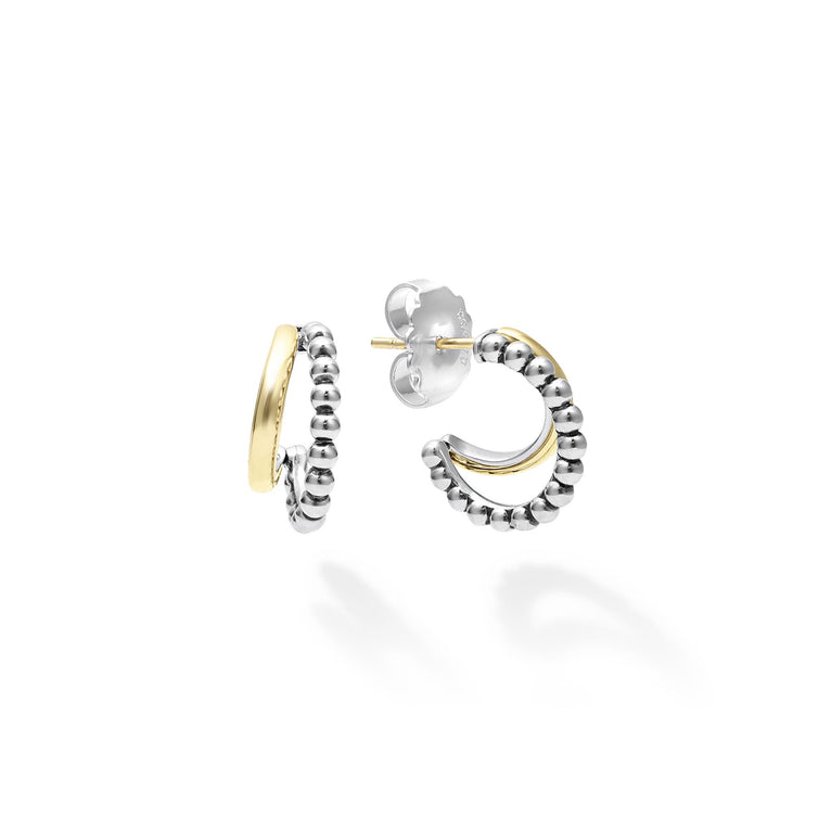 Smooth 18K gold and Caviar beaded sterling silver forms these beautiful double mini hoop earrings.
