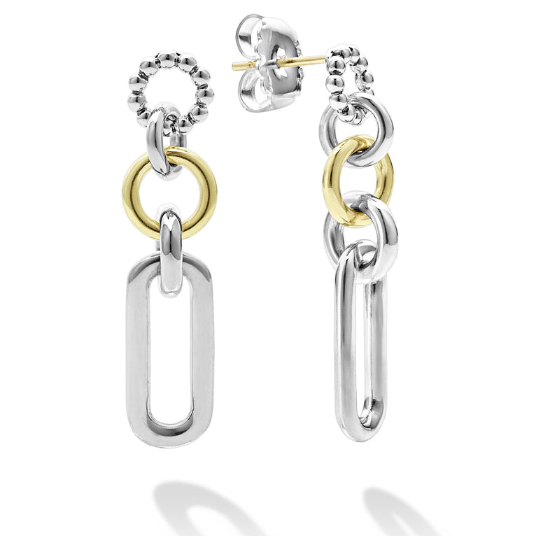 Sterling silver & 18k gold variations of Caviar beading and fluting elements form these link drop earrings.
