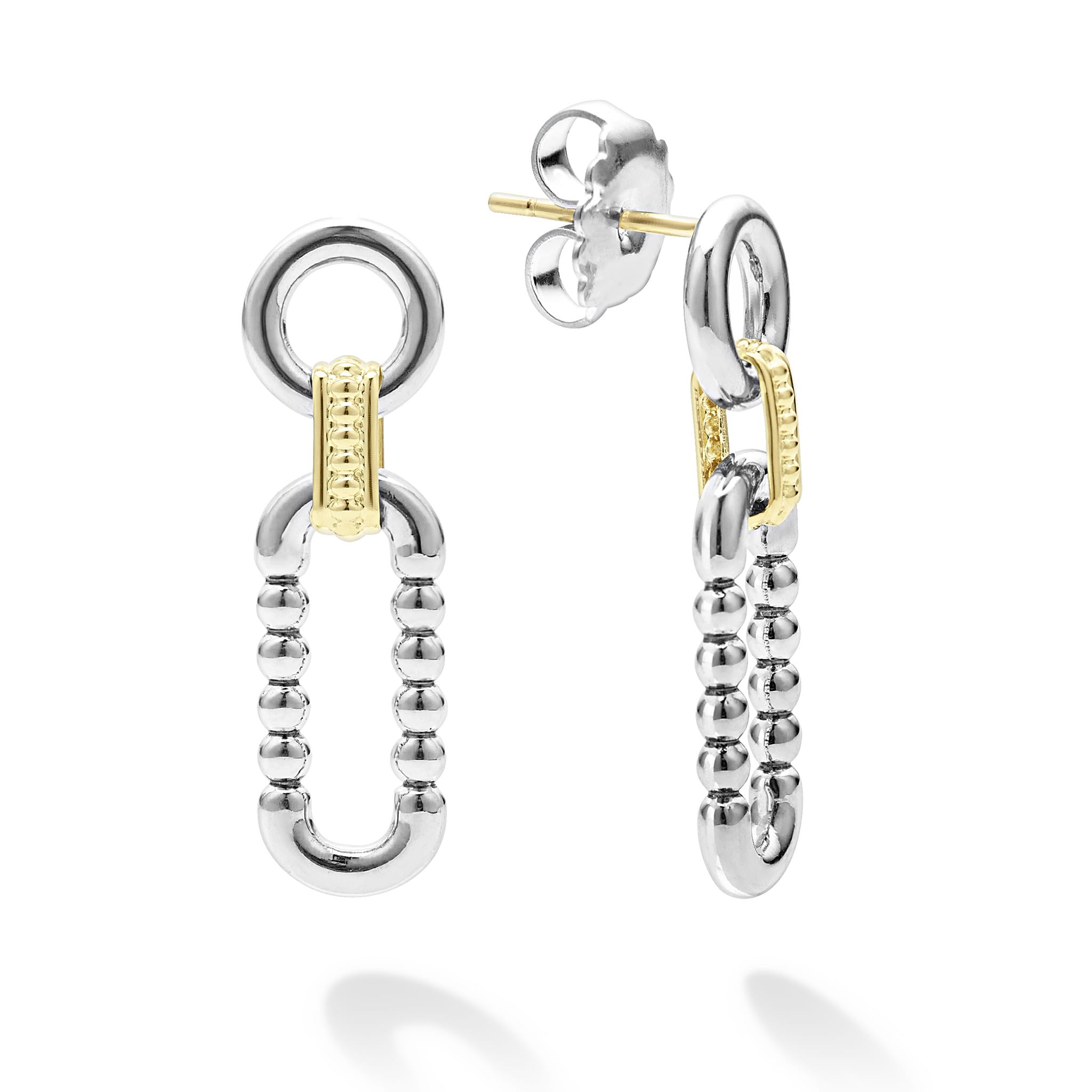 Sterling silver & 18k gold variations of Caviar beading and fluting elements form these link drop earrings.