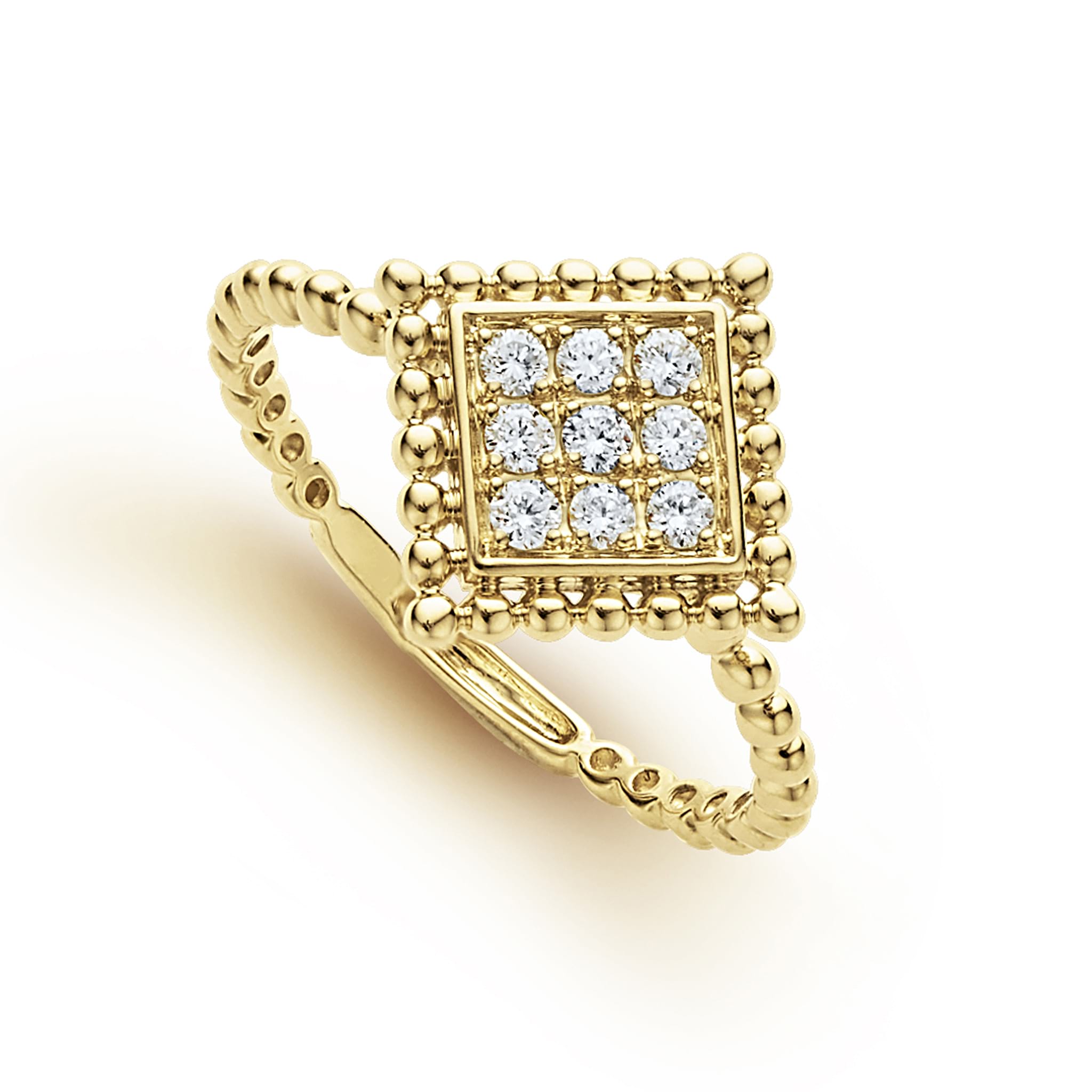 Pavé diamonds set in 18k gold with Caviar beaded accents form this unique diamond shaped stacking ring. LAGOS diamonds are the highest quality natural stones.