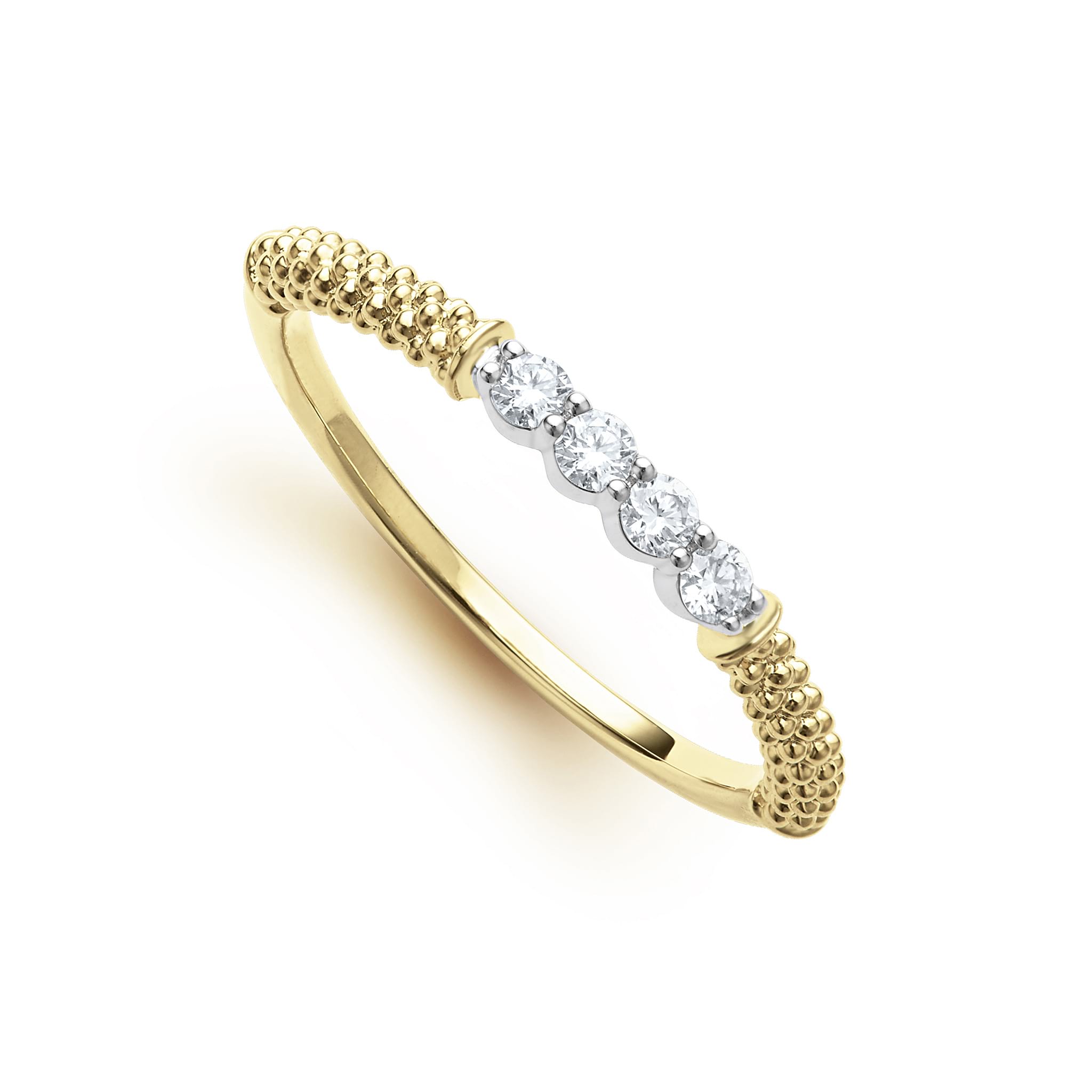 18k gold superfine Caviar beading and diamonds set in 18k White Gold form this classic stacking ring. LAGOS diamonds are the highest quality natural stones.