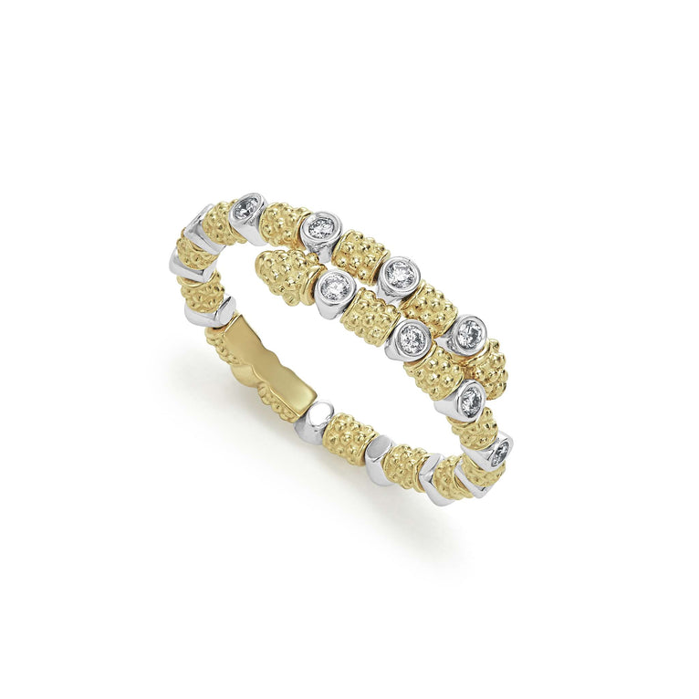 Diamonds surrounded by 18k gold superfine Caviar beading form this delicate wrap ring. LAGOS diamonds are the highest quality natural stones.