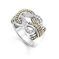Diamonds and 18K gold woven in a knot motif form this statement ring. LAGOS diamonds are the highest quality natural stones.