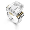 White topaz bezel-set gemstone statement ring with 18K Caviar beading on a sterling silver band.
