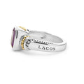 Rittenhouse Bezel-Set Amethyst Ring: Sterling silver band with 18K gold bead accents, featuring a faceted purple gemstone and LAGOS stamped inside.