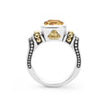 Rittenhouse Bezel-Set Citrine Ring: Sterling silver band with 18K Caviar beading, featuring an emerald-cut citrine gemstone and gold accents on the shoulders.