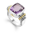 Amethyst bezel-set gemstone ring with 18K gold Caviar beading on a sterling silver band.