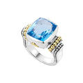 Swiss blue topaz bezel-set gemstone ring with 18K gold Caviar beading on a sterling silver band.
