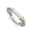 White ceramic stacking ring with 18K gold and sterling silver Caviar beading.