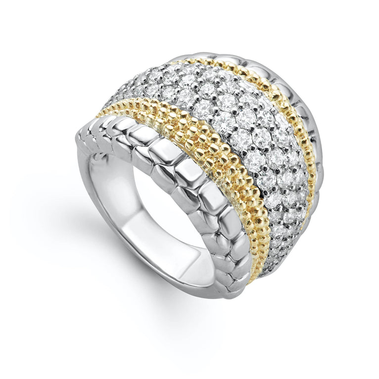 Diamonds and 18K gold Caviar beading form this statement ring. LAGOS diamonds are the highest quality natural stones.