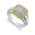 Diamonds and 18K gold Caviar beading form this statement ring. LAGOS diamonds are the highest quality natural stones.