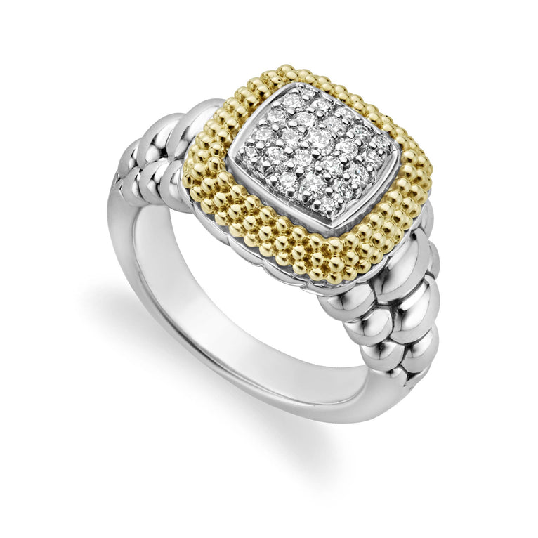 Diamonds and 18K gold Caviar beading form this statement ring. LAGOS diamonds are the highest quality natural stones.