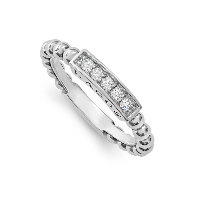Diamond stacking ring with sterling silver Caviar beading that is ideal to pair with other stacking rings. LAGOS diamonds are the highest quality natural stones.